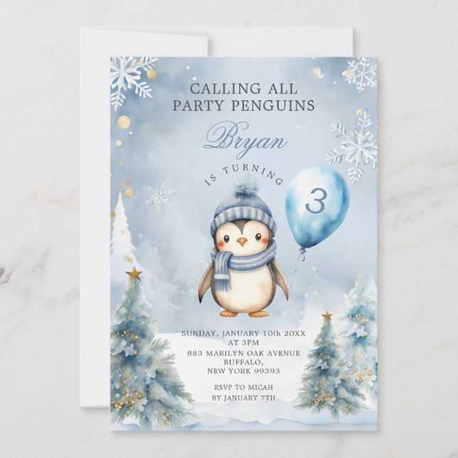 Invitación Navidades del Penguin Blue, Fiesta de invierno, te (Anverso)