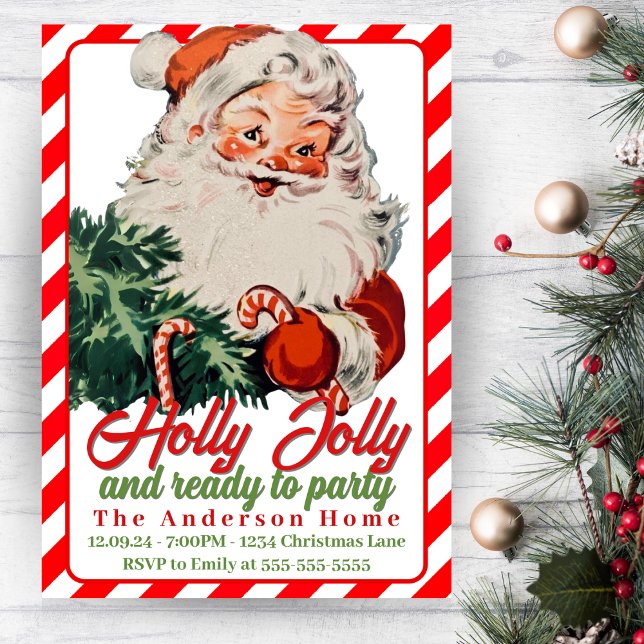 Invitación Navidades del Personalizado Holly Jolly Retro Vint (Holly Jolly Retro Vintage Santa Custom Christmas Invitation)