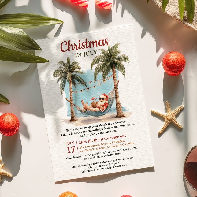 Invitación Navidades del Retro Tropical Santa Hammock en juli (Retro Tropical Santa Hammock Christmas in July Invitation)