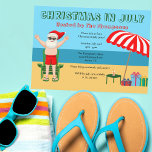 Invitación Navidades del verano de julio Fiesta Santa Claus B<br><div class="desc">Este lindo Navidad en julio hace una invitación perfecta para una fiesta de verano para una reunión en la playa o en la piscina. Hacerlo un divertido espectáculo con la temática del polo norte con Santa Claus en sus baúles de natación al lado de un paraguas de playa de rayas...</div>
