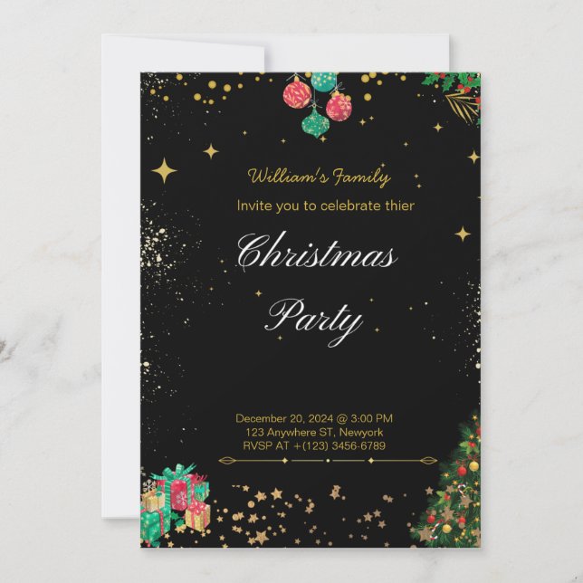 Invitación Navidades Desconcertantes Fiesta Negro Y Oro (Anverso)