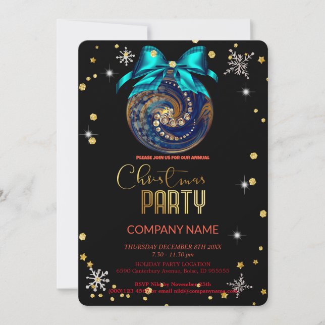 Invitación Navidades diamantes de adorno azul, copos de nieve (Anverso)