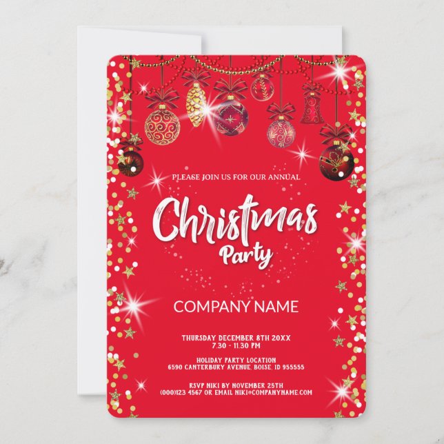 Invitación Navidades Diamantes rojos ornamentos, copos de nie (Anverso)