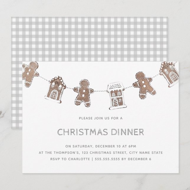 Invitación Navidades Dinner Gingerbread Gray Gingham (Anverso / Reverso)