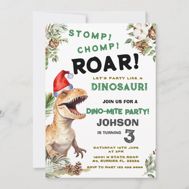 Invitación Navidades Dino Stomp Chomp Roar Cumpleaños (Anverso)