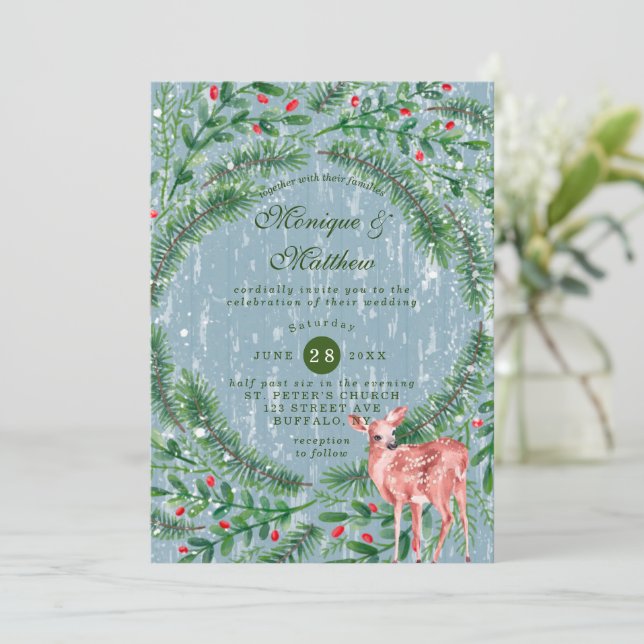 Invitación Navidades Dusty Blue Wood Deer Boda (Anverso de pie)