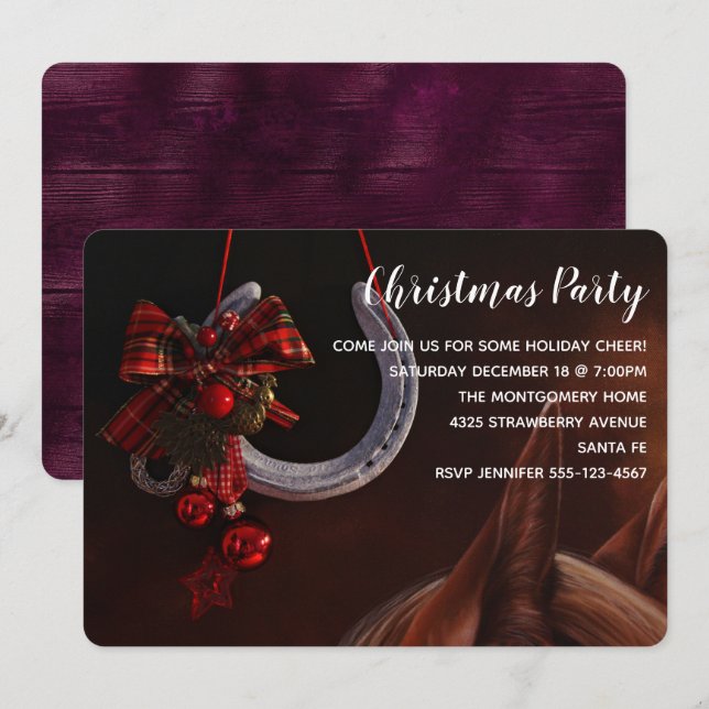 Invitación Navidades ecuestres colgando foto de herradura (Anverso / Reverso)