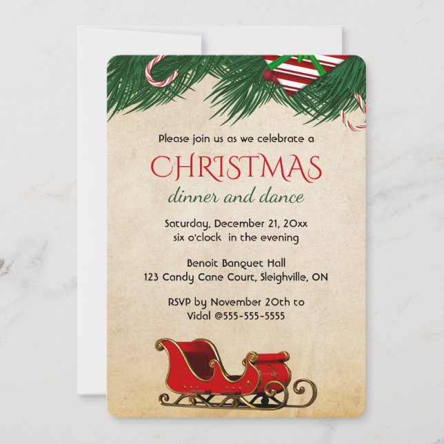Invitación Navidades editables Candy Cane Bough y Sleigh (Anverso)
