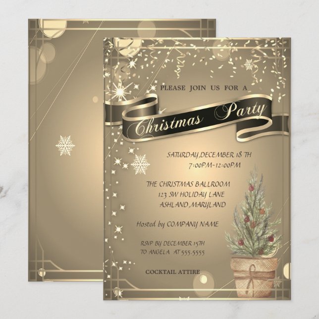 Invitación Navidades Elegant Gold,PineTree Company (Anverso / Reverso)