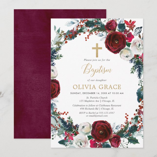 Invitación Navidades elegante bautismo chica de oro burdeos (Anverso / Reverso)