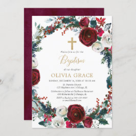 Invitación Navidades elegante bautismo chica de oro burdeos