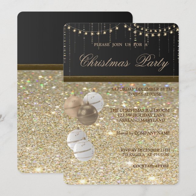 Invitación Navidades elegantes, bolas, Purpurinoso, Navidades (Anverso / Reverso)