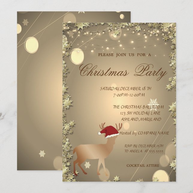 Invitación Navidades elegantes Deer Santa Hat, Fiesta de Navi (Anverso / Reverso)