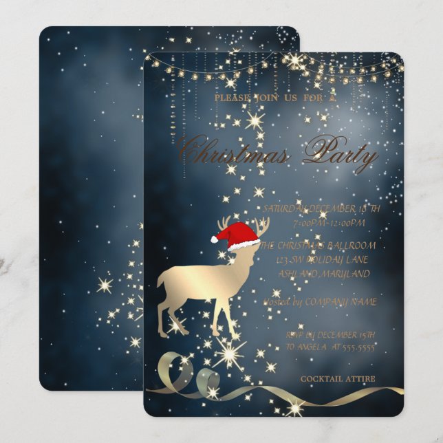 Invitación Navidades elegantes Deer Santa Hat, Fiesta de Navi (Anverso / Reverso)