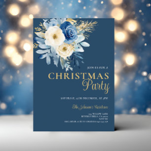 Invitación Navidades elegantes Fiesta Flores blancas y azules