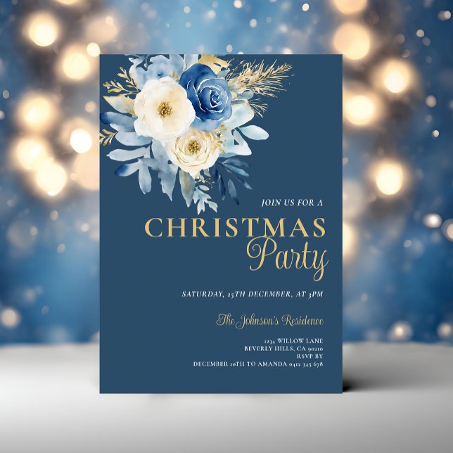 Invitación Navidades elegantes Fiesta Flores blancas y azules (Subido por el creador)