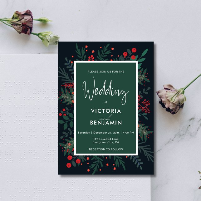 Invitación Navidades elegantes follan Boda rojo y verde (Elegant Christmas Foliage Red and Green Wedding Invitation)