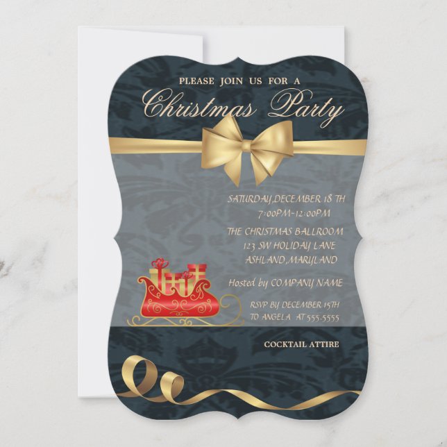 Invitación Navidades elegantes Sleigh, Bow, Fiesta Navidad (Anverso)