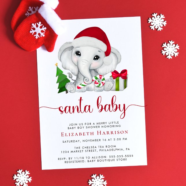 Invitación Navidades Elephant Santa Baby Boy Shower (Subido por el creador)