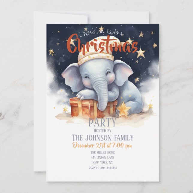 Invitación Navidades Elephant Watercolor (Anverso)
