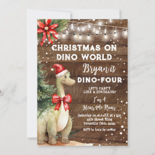 Invitación Navidades en Dino World Wood Dinosaur 4 cumpleaños