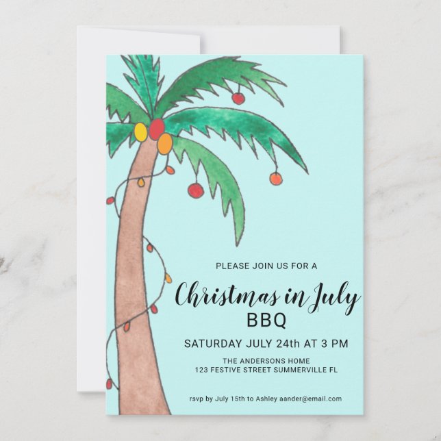 Invitación Navidades En Julio BBQ Palm Tree (Anverso)