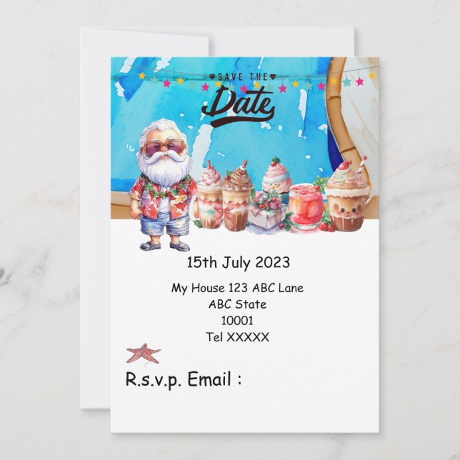 Invitación Navidades en julio con SANTA CLAUS Guardar fecha (Anverso)