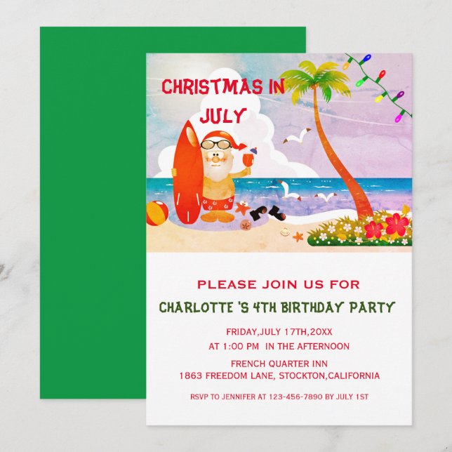 Invitación Navidades En Julio Fiesta De Cumpleaños De Verano (Anverso / Reverso)