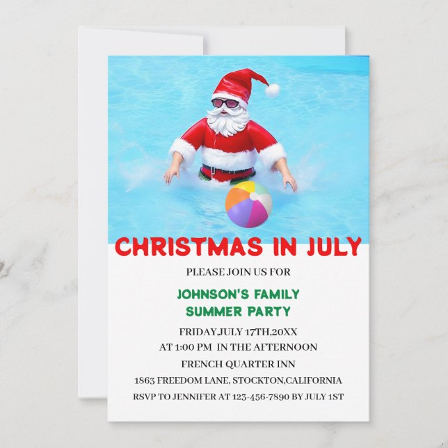 Invitación Navidades En Julio Fiesta De Piscina De Verano (Anverso)
