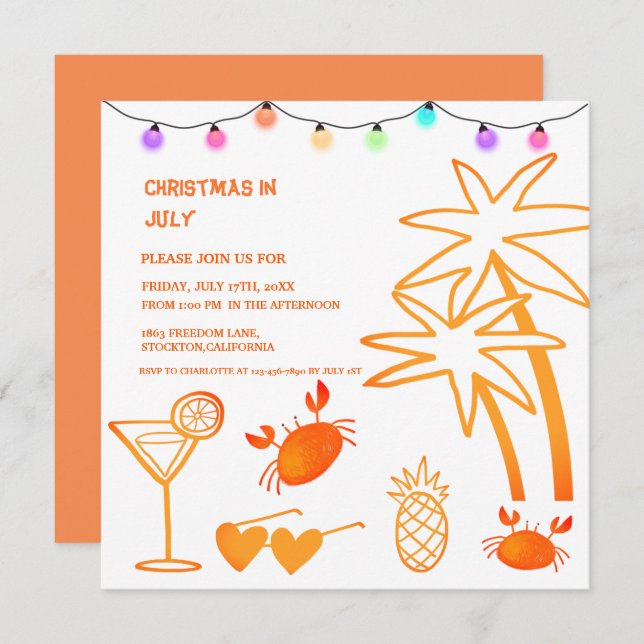 Invitación Navidades En Julio Fiesta De Playa De Verano (Anverso / Reverso)