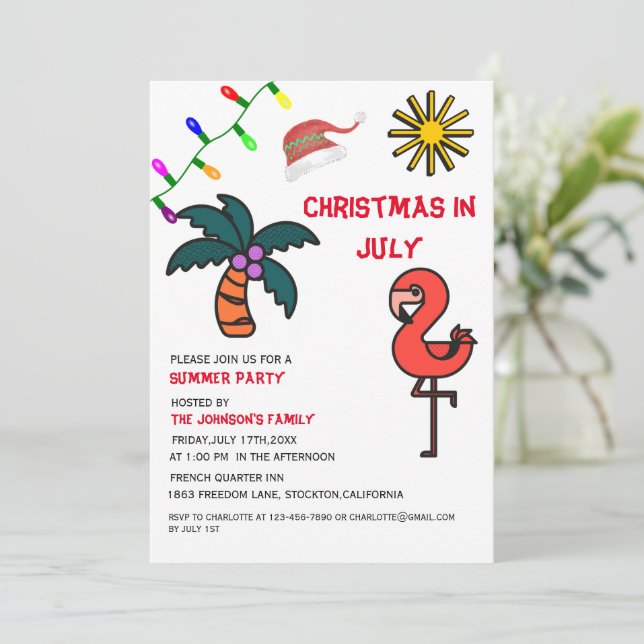 Invitación Navidades En Julio Fiesta Flamingo (Anverso de pie)