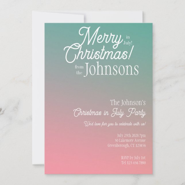 Invitación Navidades en julio Fiesta Ombre Verde Rosa (Anverso)