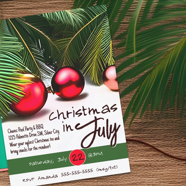 Invitación Navidades En Julio Ornamentos Rojos De Palmeras Tr (Christmas in July Palm trees and red ornaments)