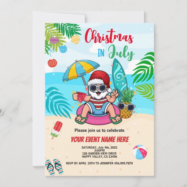 Invitación Navidades En Julio Santa Beach Fiesta Niño Adulto (Anverso)
