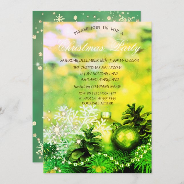 Invitación Navidades esquilman bolas de copo de nieve verde (Anverso / Reverso)