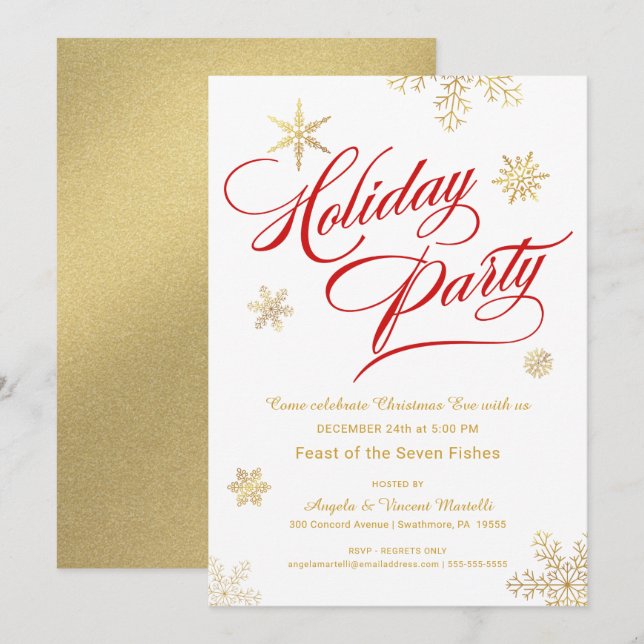Invitación Navidades Eve Cena Fiesta Elegante Rojo Y Oro (Anverso / Reverso)