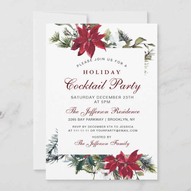 Invitación Navidades EVE Red Poinsettia Floral Watercolor (Anverso)