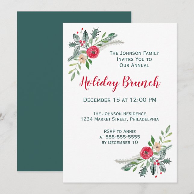 Invitación Navidades Evento Winter Florals & Holly (Anverso / Reverso)