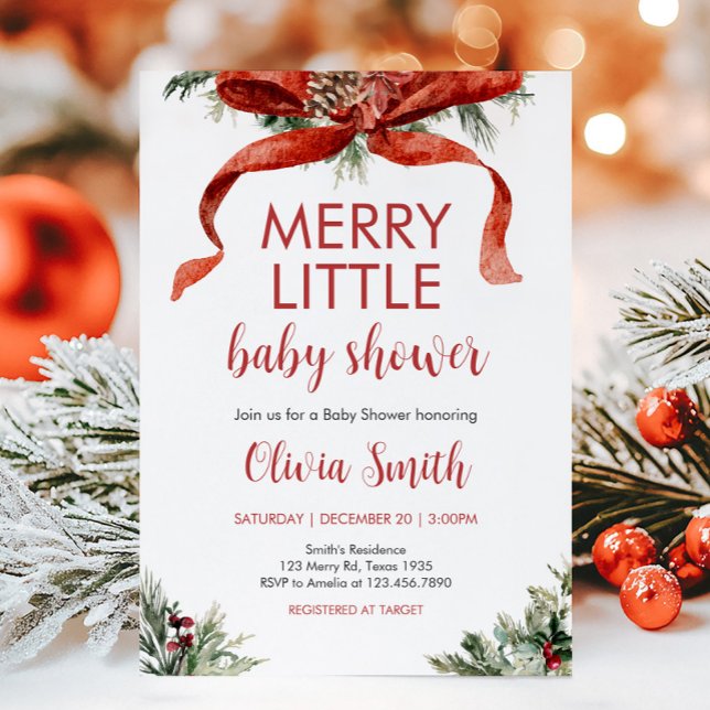 Invitación Navidades Feliz Pequeño Baby Shower (Red Bow Merry Little Christmas Baby Shower Invitation)