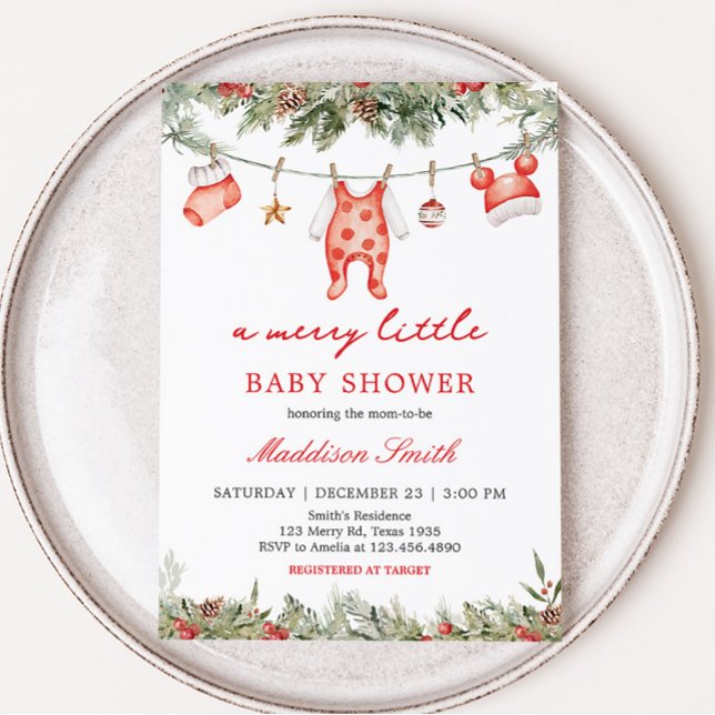 Invitación Navidades Feliz Pequeño Baby Shower (Christmas Clothes Baby Shower Invitation)