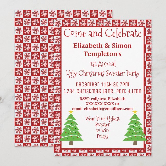 Invitación Navidades feos Fiesta suéter Festividad roja y bla (Anverso / Reverso)