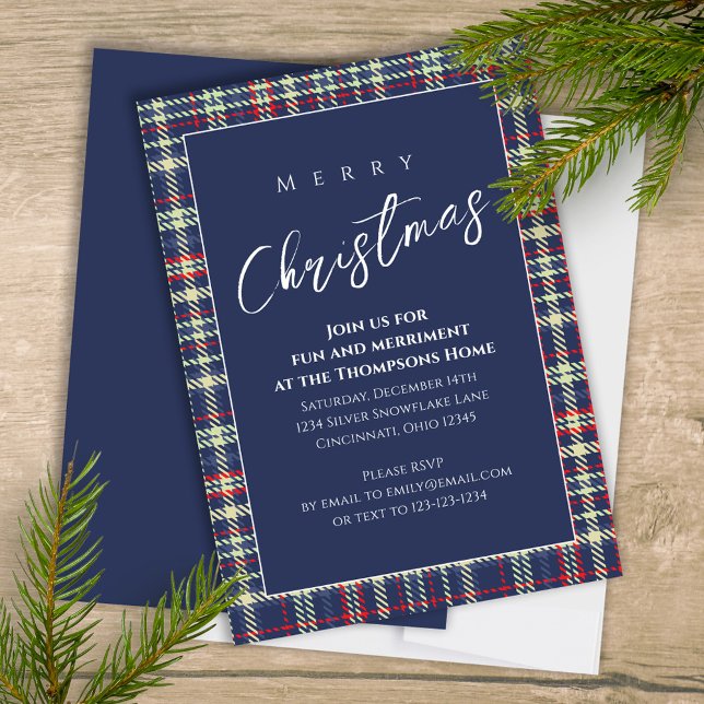 Invitación Navidades festejan simple bola azul de invierno de (Merry Christmas holiday festive navy blue plaid background with stylish calligraphy script. )