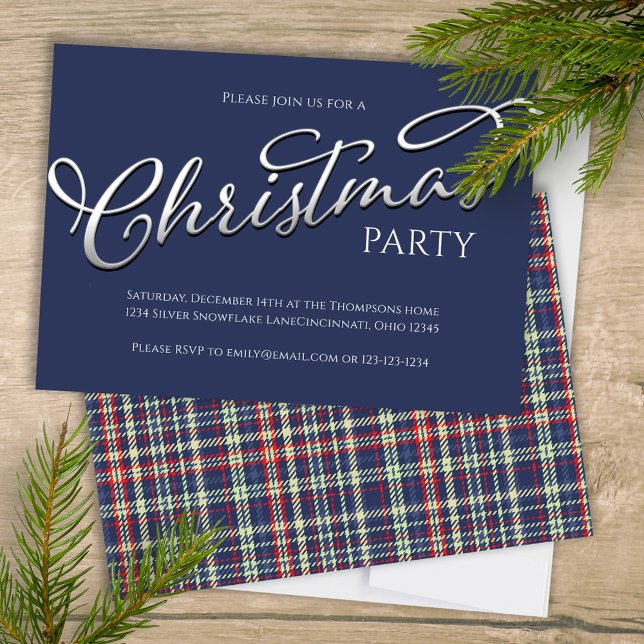 Invitación Navidades festejan simple bola azul de invierno de (Merry Christmas holiday festive navy blue plaid background with stylish calligraphy script. )