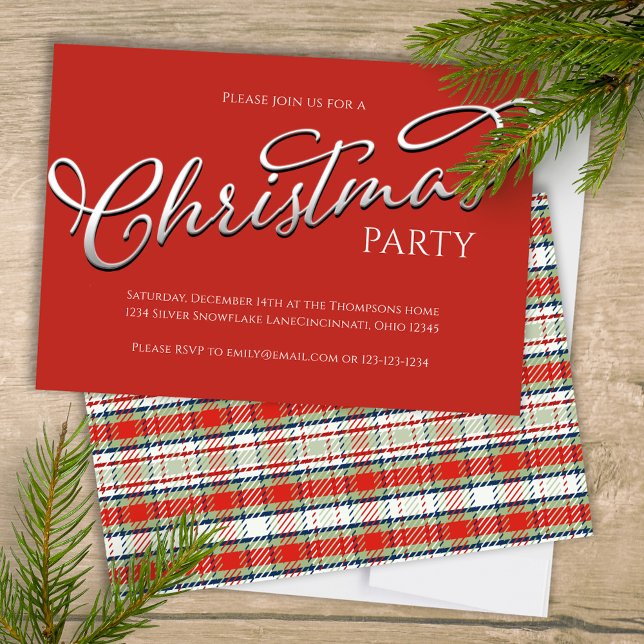 Invitación Navidades festejan simple platillo rojo de inviern (Merry Christmas holiday festive red plaid background with stylish calligraphy script. )