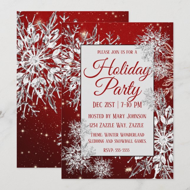 Invitación Navidades festejos de copo de nieve rojo (Anverso / Reverso)
