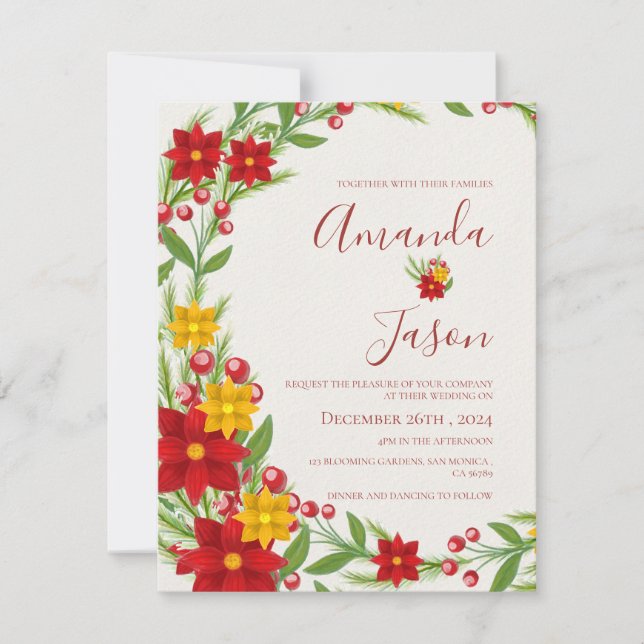 Invitación Navidades festivos boda floral de la corona verde  (Anverso)
