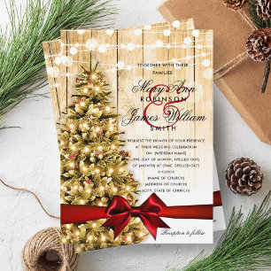 Invitación Navidades festivos Boda luz de árbol y cinta roja