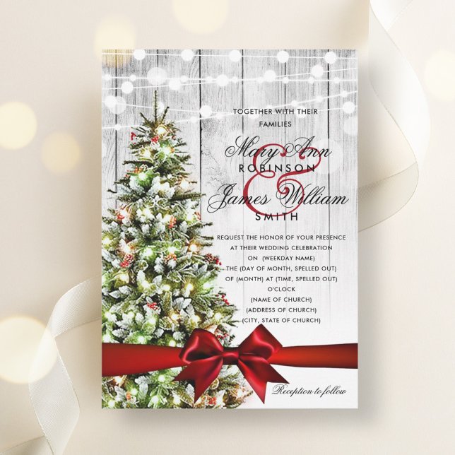 Invitación Navidades festivos Boda luz de árbol y cinta roja (Festive Christmas Wedding Tree Lights & Red Ribbon Invitation)