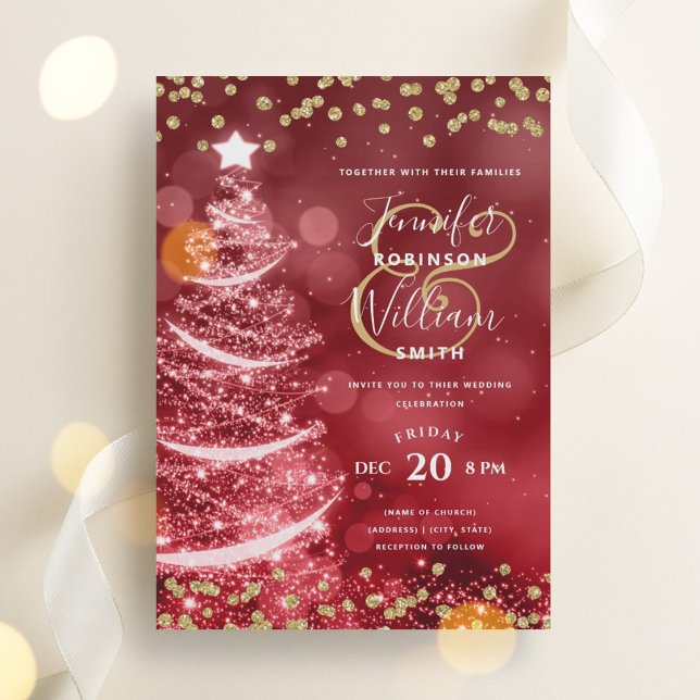 Invitación Navidades festivos Boda rojo oro árbol de espárrag (Festive Christmas Gold Red Wedding Sparkle Tree Invitation)