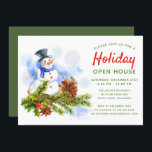 Invitación Navidades festivos en la Casa Abierta de Snowman<br><div class="desc">Este diseño de vacaciones incluye un muñeco de nieve acuarela con rama de pino, cazo de pino y caña de pino, con el tipo de evento personalizado (que se muestra con "Holiday Open House") en letras de guion de caligrafía roja de moda. Personalizado con los detalles del fiesta de sus...</div>